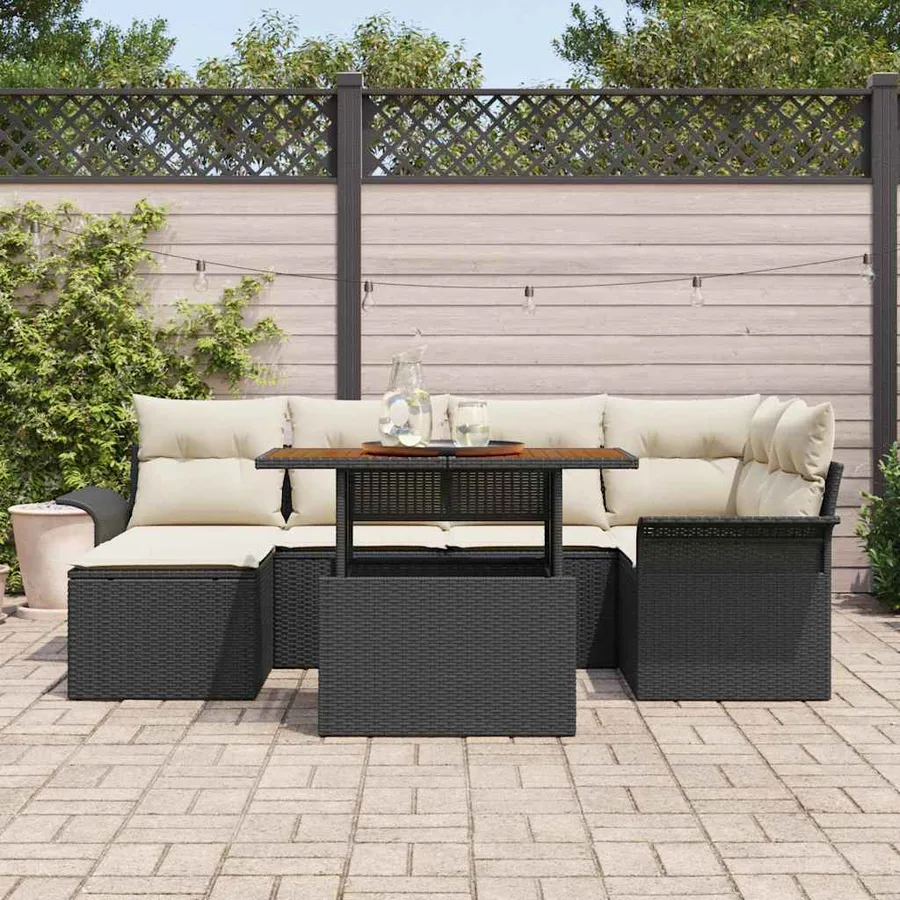 Ensemble de canapé de jardin 7 pcs Noir et Crème polyrotin - 3