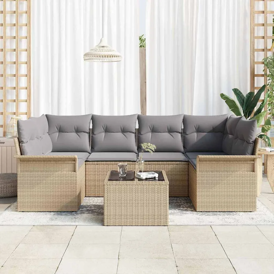 Ensemble de canapé de jardin 7 pcs Beige et gris polyrotin - 3