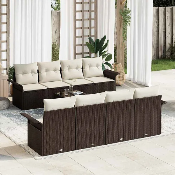 Ensemble de canapé de jardin 9 pcs Marron et Crème polyrotin