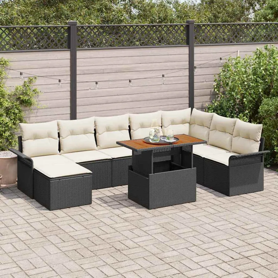 Ensemble de canapé de jardin avec coussin 9 pcs Noir et crème