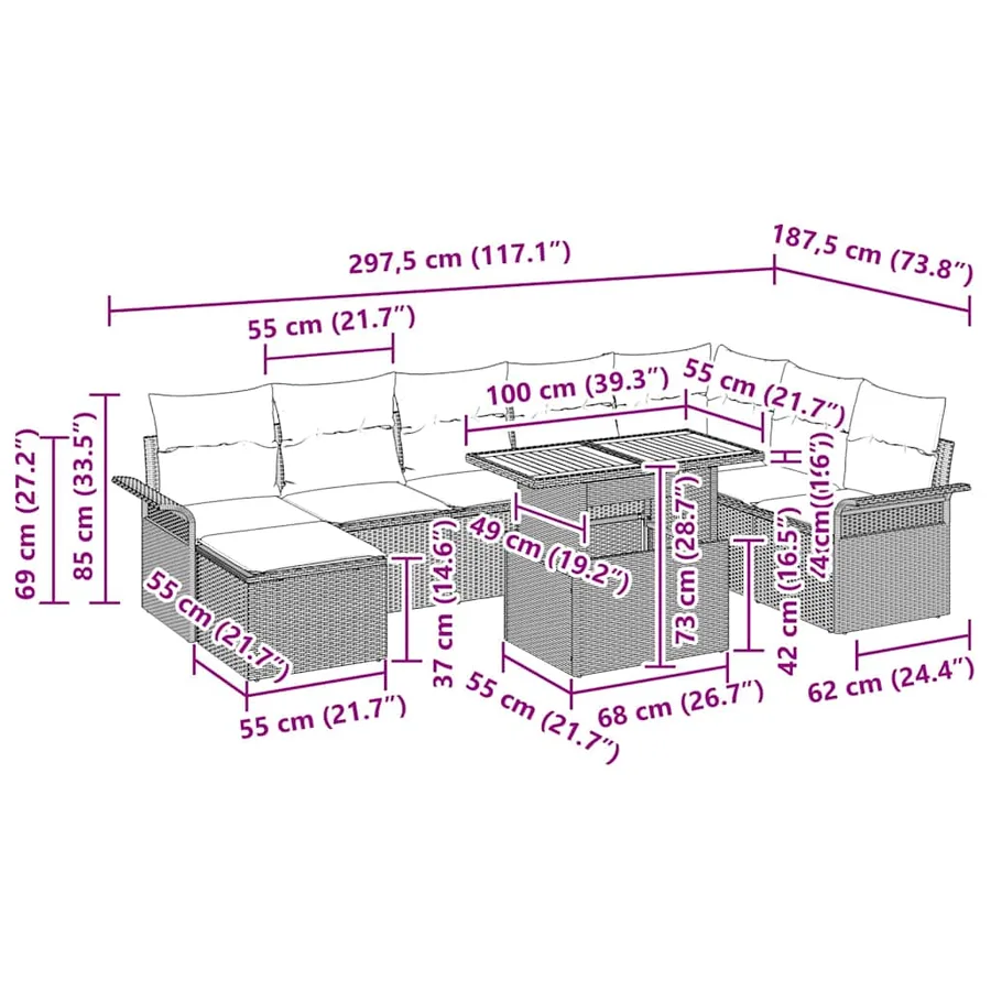 Ensemble de canapé de jardin avec coussin 9 pcs Noir et crème - 12