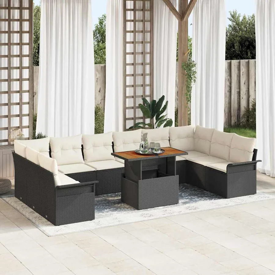Ensemble de canapé de jardin 11 pcs Noir et Crème polyrotin