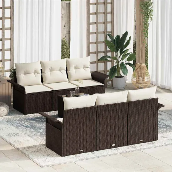 Ensemble de canapé de jardin 7 pcs Marron et Crème polyrotin