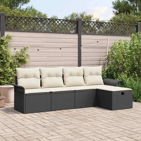 Ensemble de canapé de jardin 5 pcs Noir et Crème polyrotin