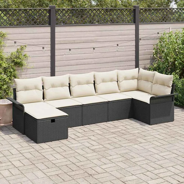 Ensemble de canapé de jardin 7 pcs Noir et Crème polyrotin