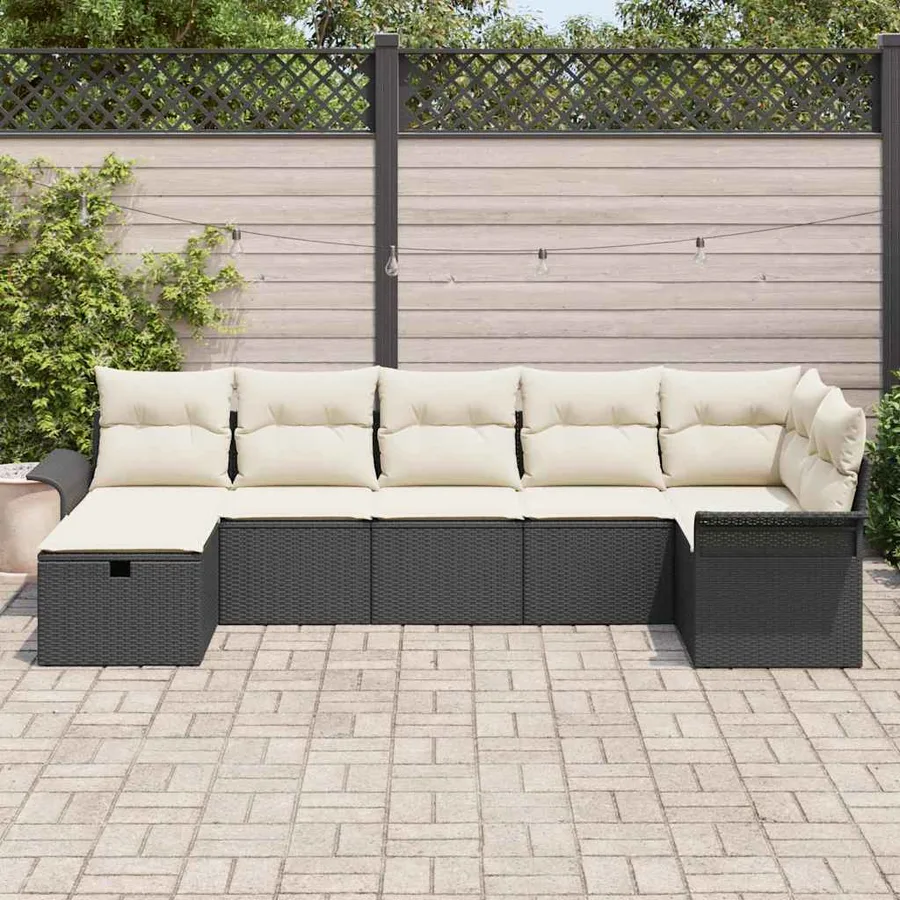 Ensemble de canapé de jardin 7 pcs Noir et Crème polyrotin - 3