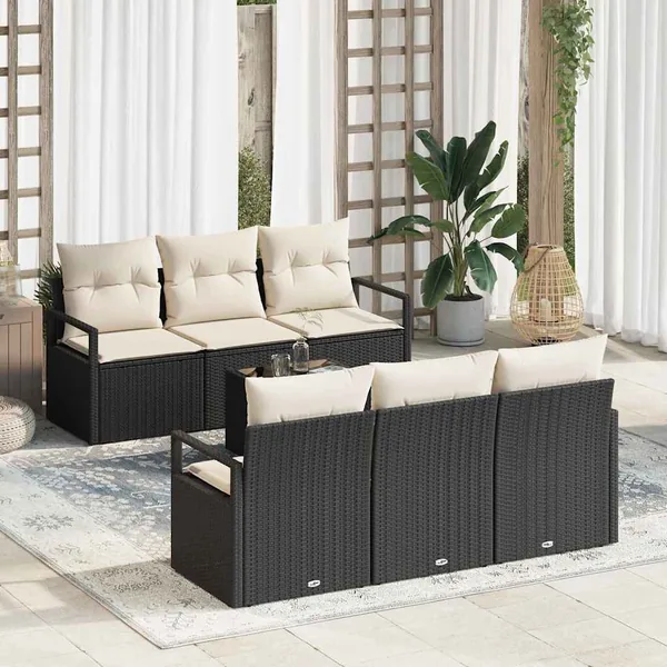 Ensemble de Canapés avec coussin 7 pcs Noir et Crème polyrotin