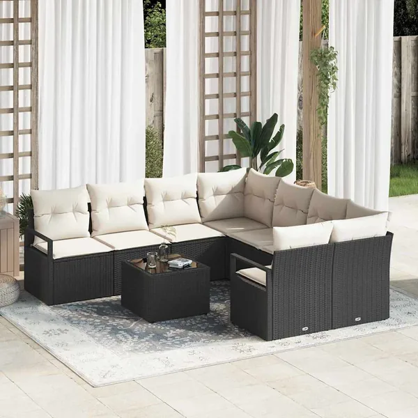 Ensemble de Canapés avec coussin 9 pcs Noir et Crème polyrotin