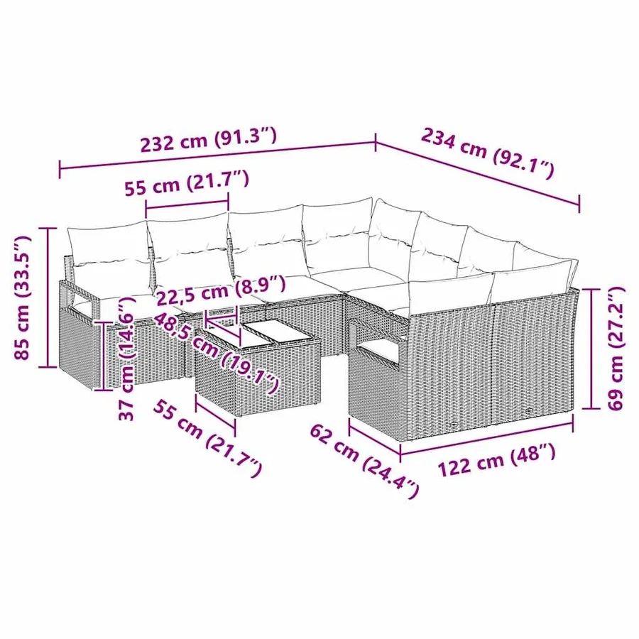 Ensemble de Canapés avec coussin 9 pcs Noir et Crème polyrotin - 9