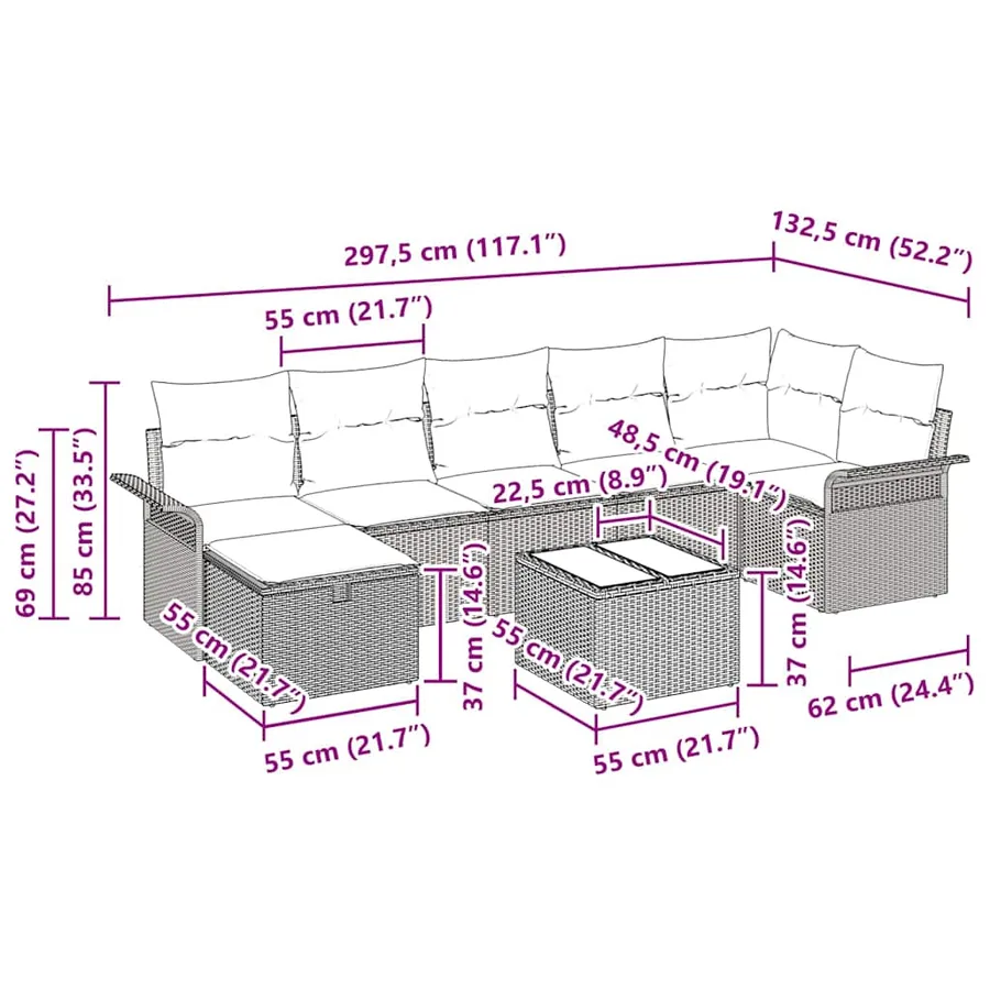 Ensemble de canapé de jardin 8 pcs Gris clair polyrotin - 11