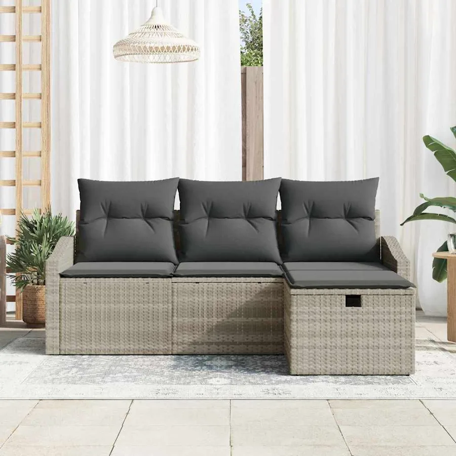 Ensemble de Canapés avec coussin 4 pcs Gris clair polyrotin - 3