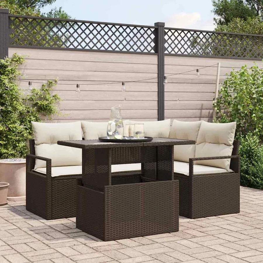 Ensemble de canapé de jardin 5 pcs Marron et Crème polyrotin