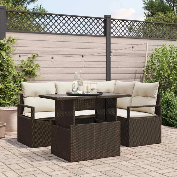 Ensemble de canapé de jardin 5 pcs Marron et Crème polyrotin
