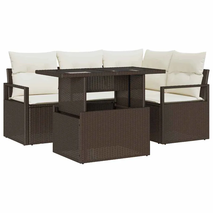 Ensemble de canapé de jardin 5 pcs Marron et Crème polyrotin - 2