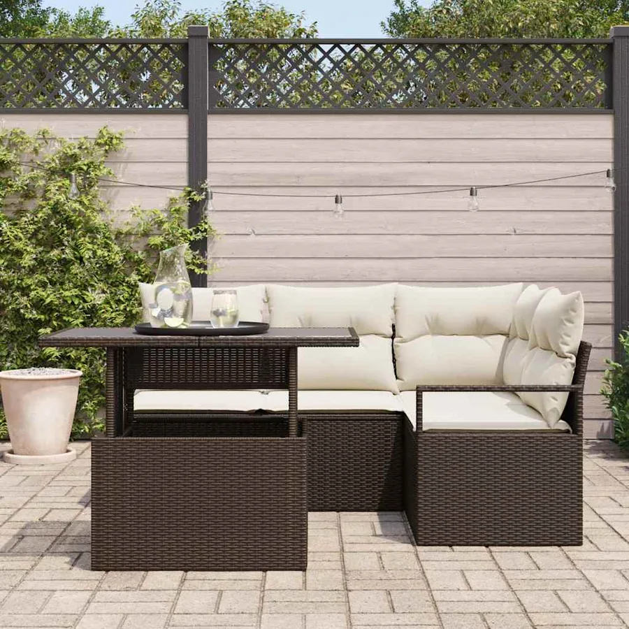 Ensemble de canapé de jardin 5 pcs Marron et Crème polyrotin - 3