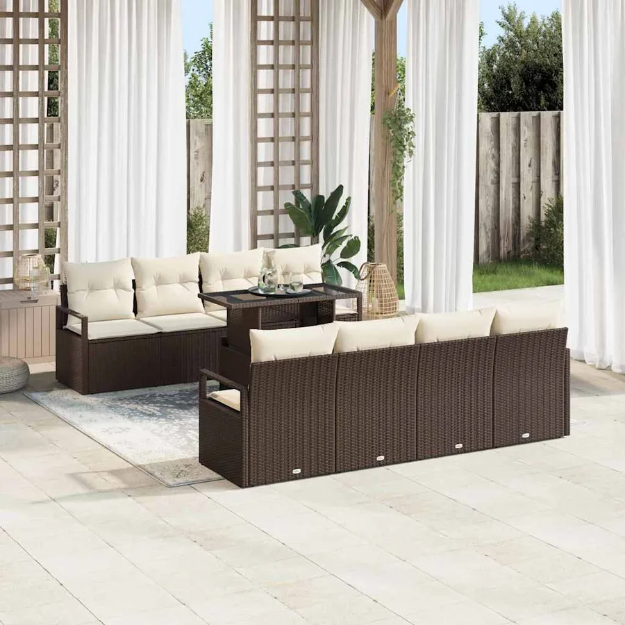 Ensemble de canapé de jardin 7 pcs Marron et crème polyrotin - 3