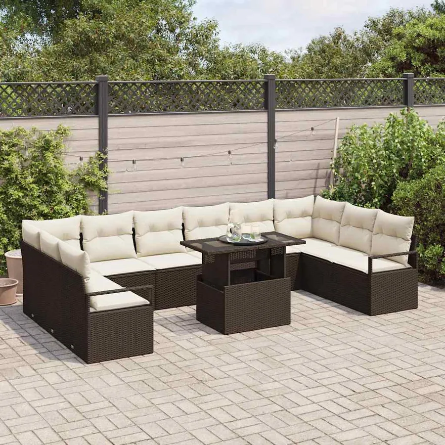 Ensemble de canapé de jardin 11 pcs Marron et Crème polyrotin - 3