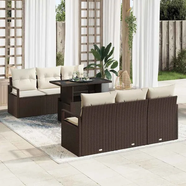 Ensemble de canapé de jardin 7 pcs Marron et Crème polyrotin
