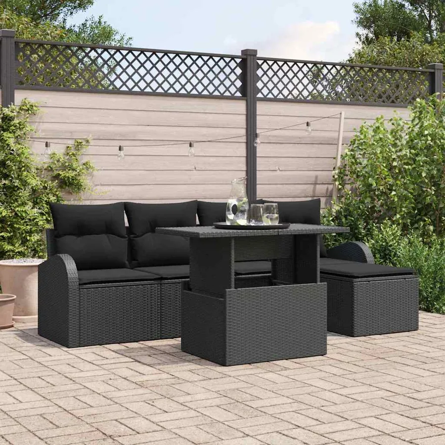Ensemble de canapé de jardin avec coussin 6 pcs Noir Poly rotin
