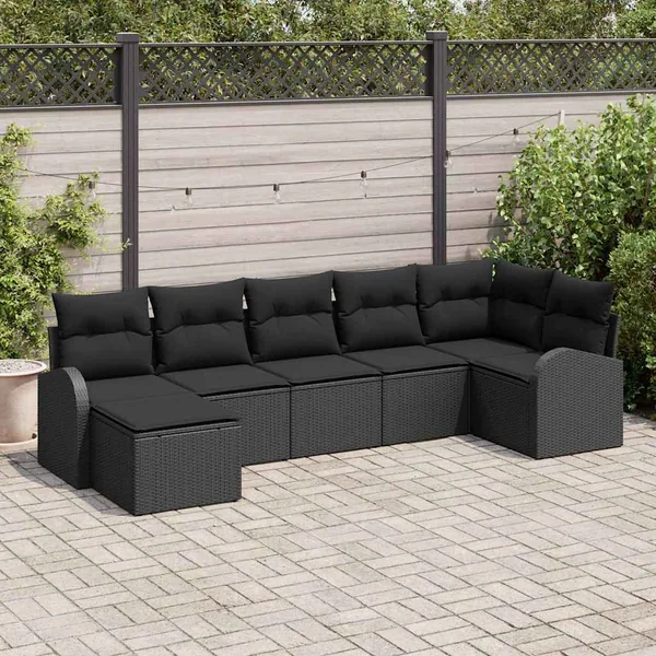Ensemble de Canapés avec coussin 7 pcs Noir polyrotin