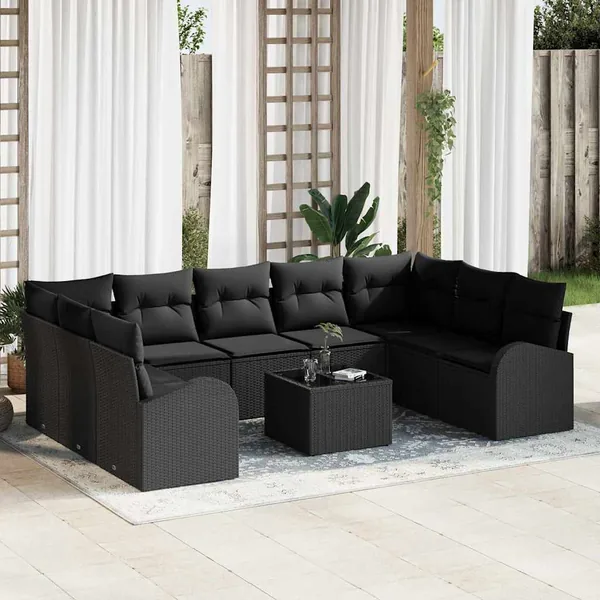 Ensemble de canapé de jardin avec coussin 10 pcs Noir polyrotin