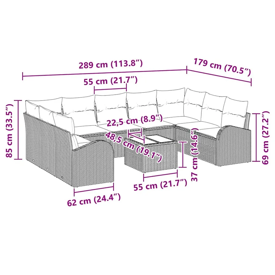 Ensemble de canapé de jardin avec coussin 10 pcs Noir polyrotin - 17