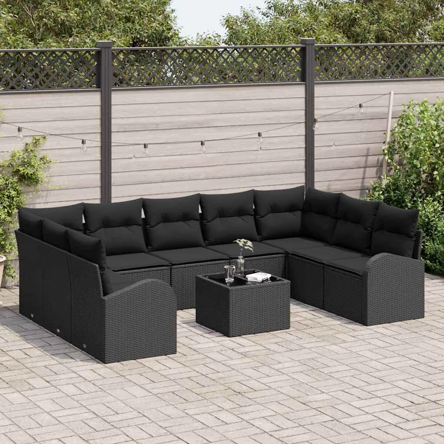 Ensemble de canapé de jardin avec coussin 10 pcs Noir polyrotin - 3