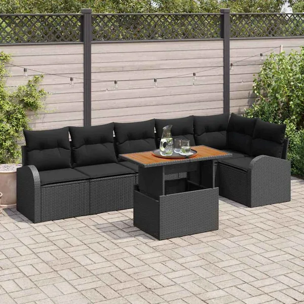 Ensemble de canapé de jardin 7 pcs Noir Poly rotin