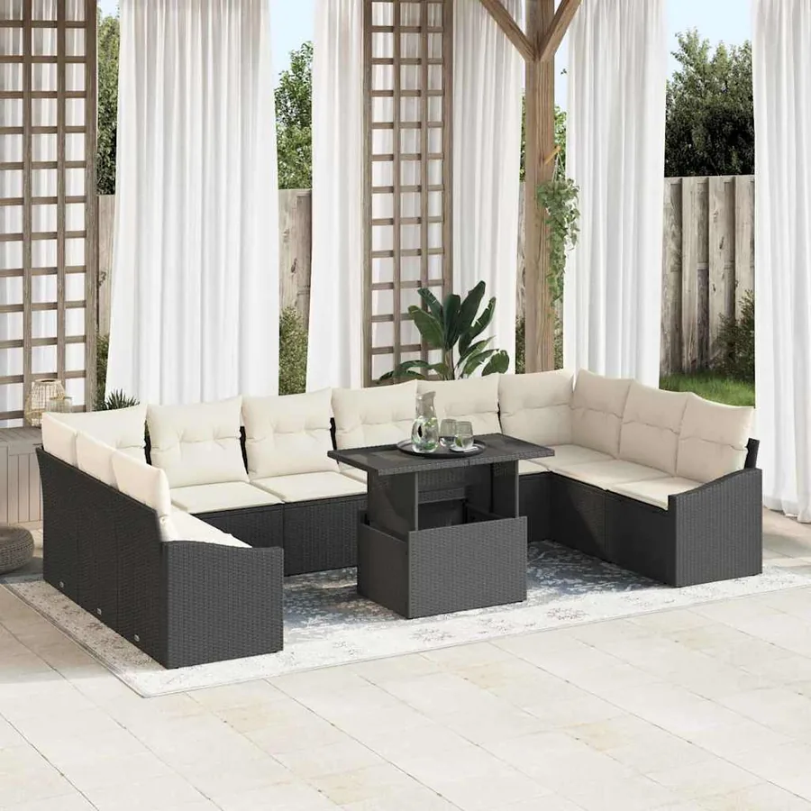 Ensemble de Canapés avec coussin 11 pcs Noir et Crème polyrotin