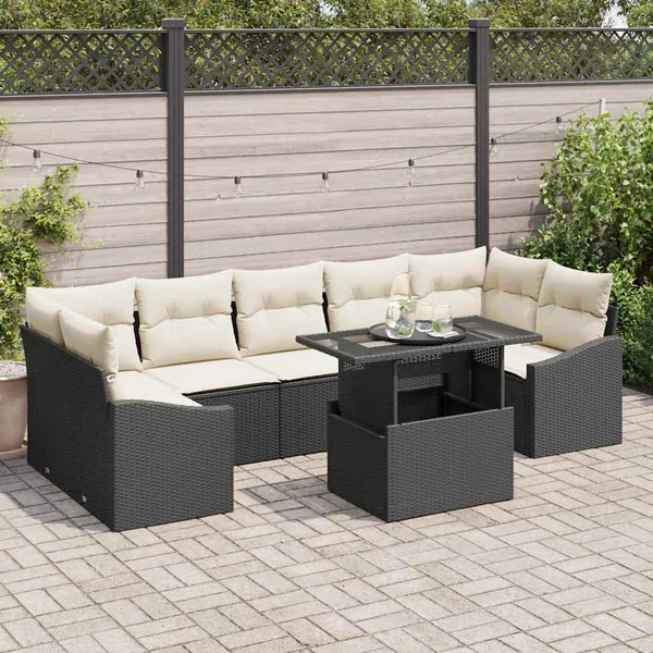 Ensemble de canapé de jardin 8 pcs Noir et Crème polyrotin