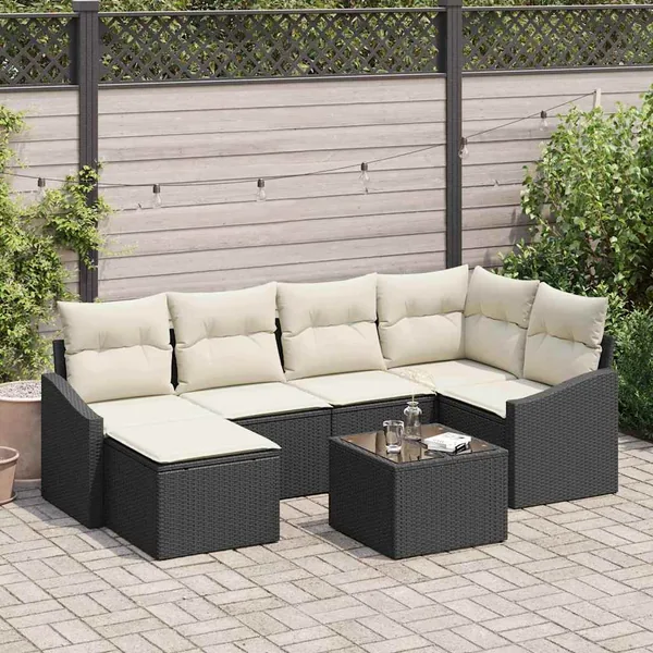 Ensemble de Canapés avec coussin 7 pcs Noir polyrotin