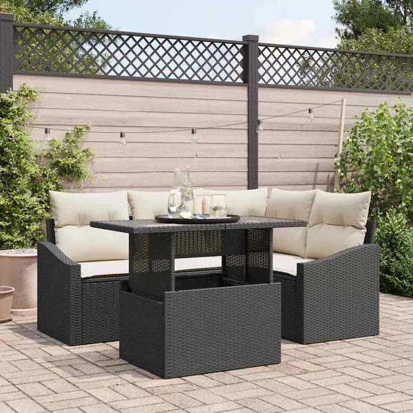 Ensemble de canapé de jardin 5 pcs Noir et Crème polyrotin