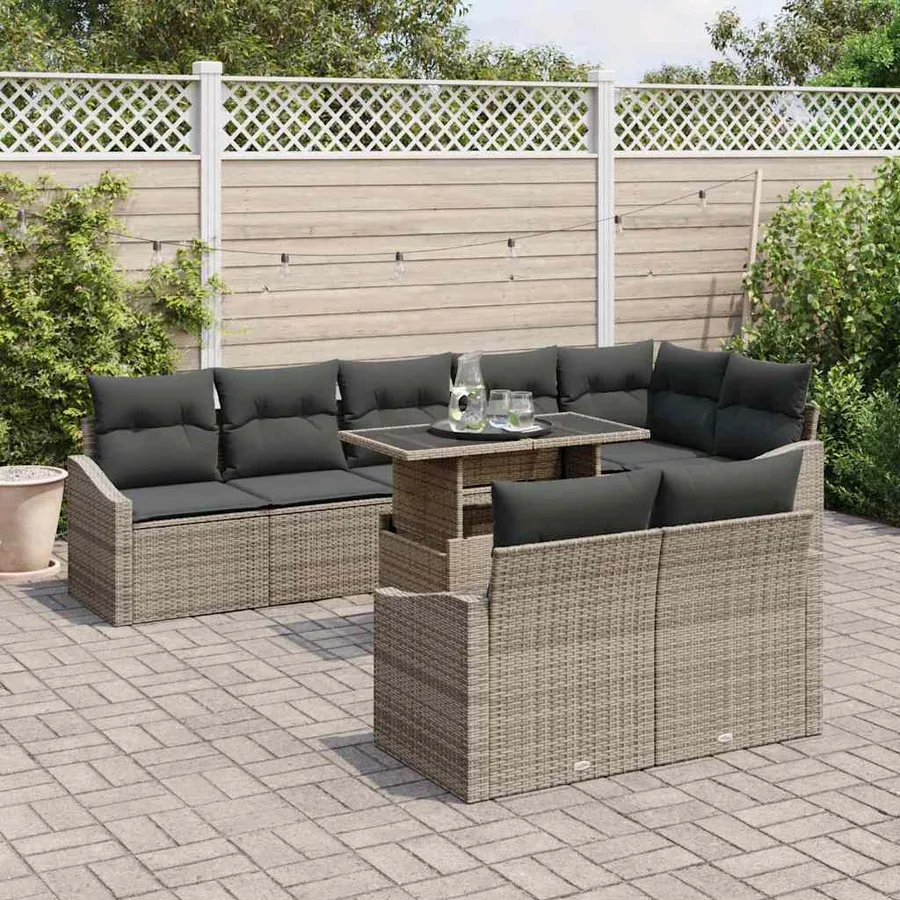 Ensemble de canapé de jardin avec coussin 9 pcs Gris polyrotin - 3