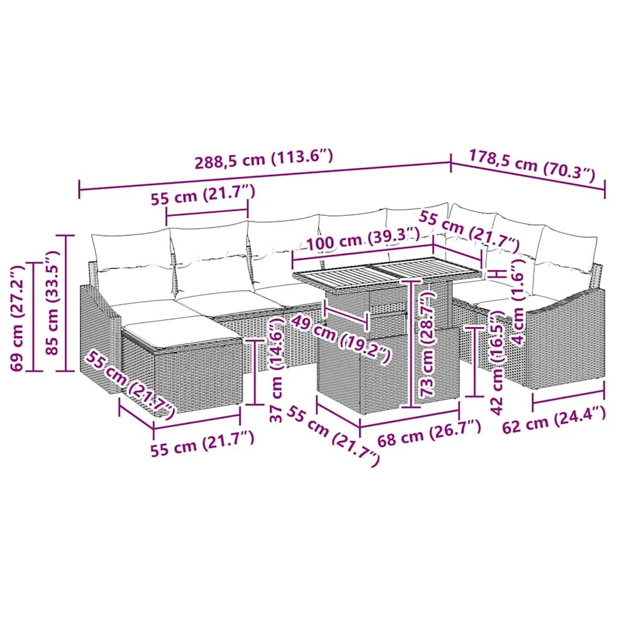 Ensemble de canapé de jardin 9 pcs Gris et marron - 12