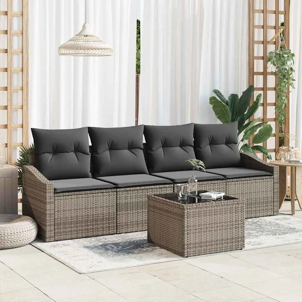 Ensemble de Canapés avec coussin 5 pcs Gris polyrotin
