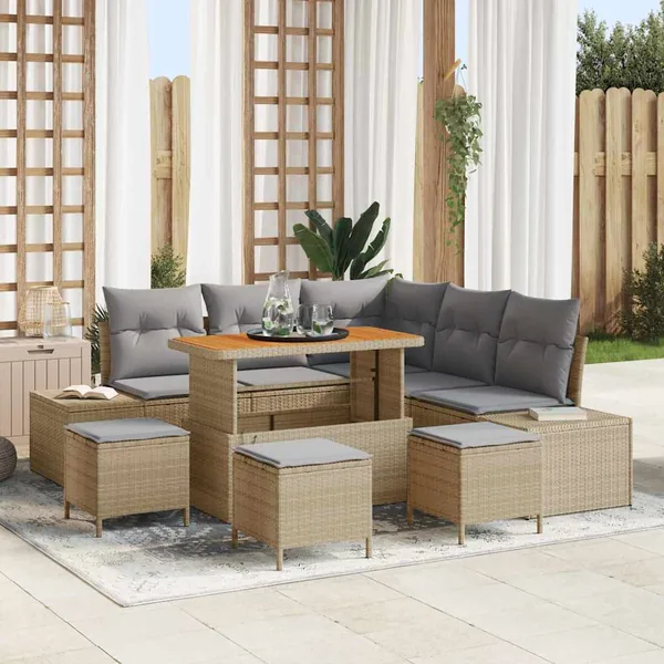 Ensemble de canapé de jardin avec coussin 9 pcs Beige polyrotin