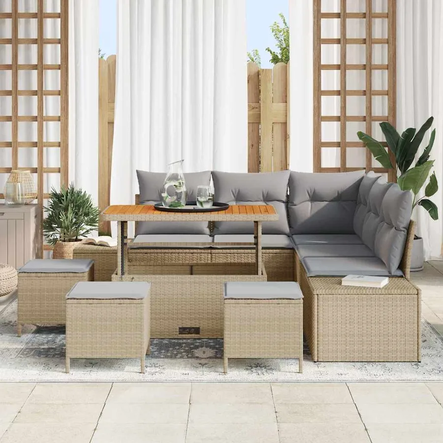 Ensemble de canapé de jardin avec coussin 9 pcs Beige polyrotin - 3