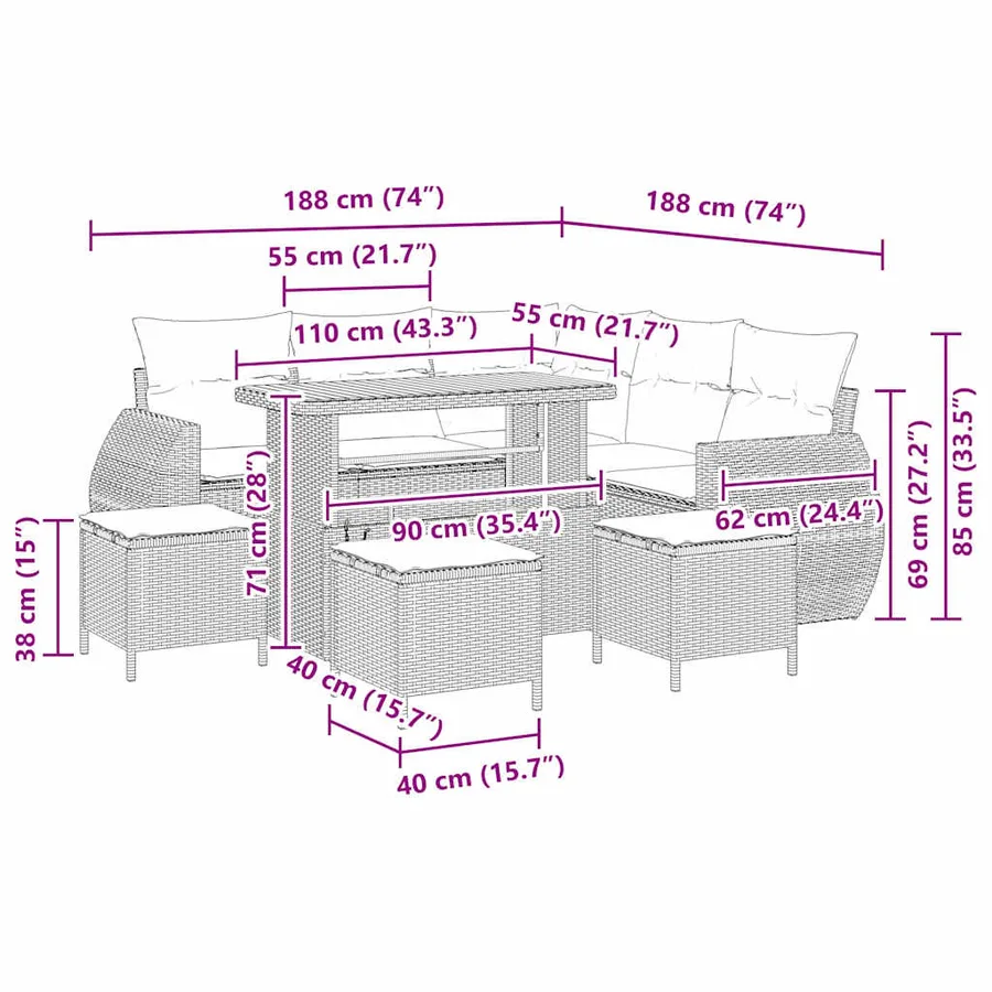 Ensemble de canapé de jardin 9 pcs Beige et crème polyrotin - 18