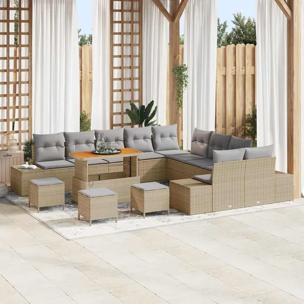 Ensemble de canapé de jardin 14 pcs Beige Poly rotin