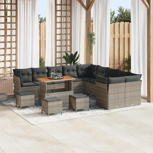 Ensemble de canapé de jardin avec coussin 14 pcs Gris polyrotin