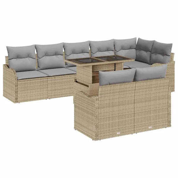 Ensemble de canapé de jardin 9 pcs Beige Poly Rattan