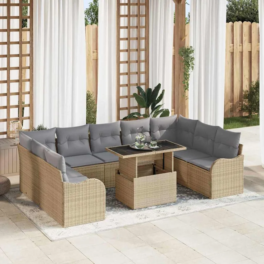 Ensemble de canapé de jardin 10 pcs Beige Poly Rattan