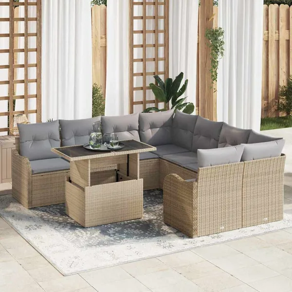 Ensemble de canapé de jardin avec coussin 9 pcs Beige Polyrotin