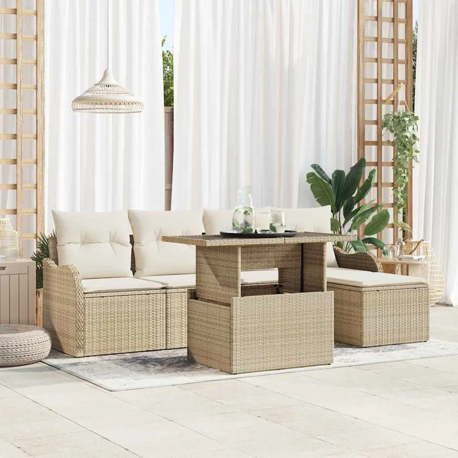 Ensemble de canapé de jardin avec coussin 6 pcs Beige Polyrotin