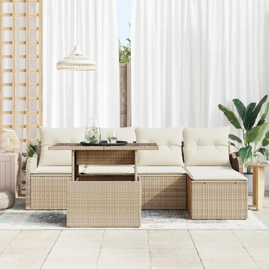 Ensemble de canapé de jardin avec coussin 6 pcs Beige Polyrotin - 3