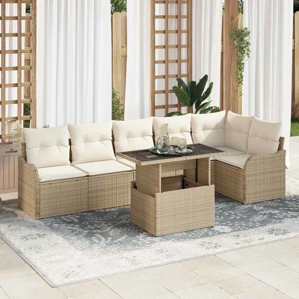Ensemble de canapé de jardin 7 pcs Beige Poly Rattan