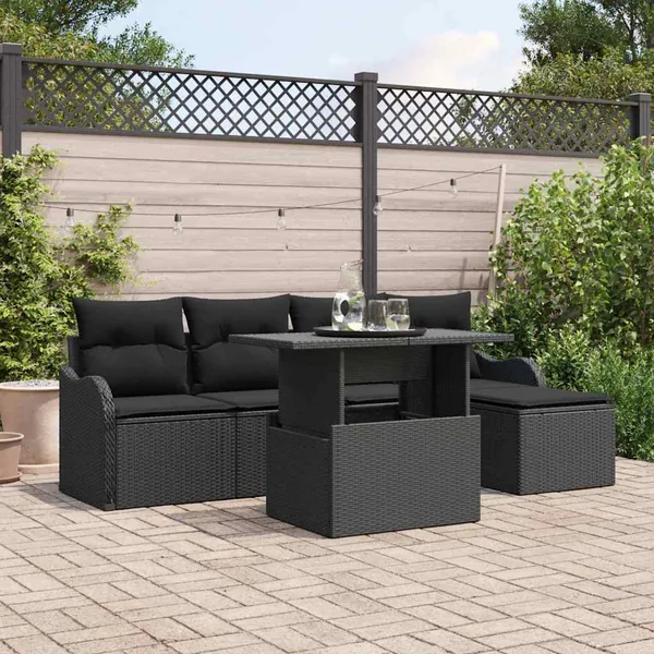 Ensemble de canapé de jardin avec coussin 6 pcs Noir Polyrotin