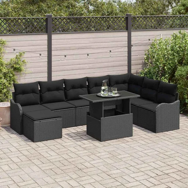 Ensemble de canapé de jardin avec coussin 9 pcs Noir Poly rotin