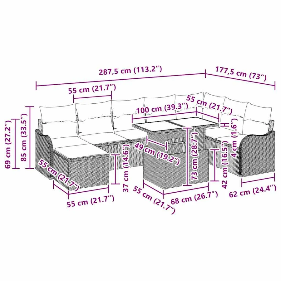 Ensemble de canapé de jardin avec coussin 9 pcs Noir Poly rotin - 17