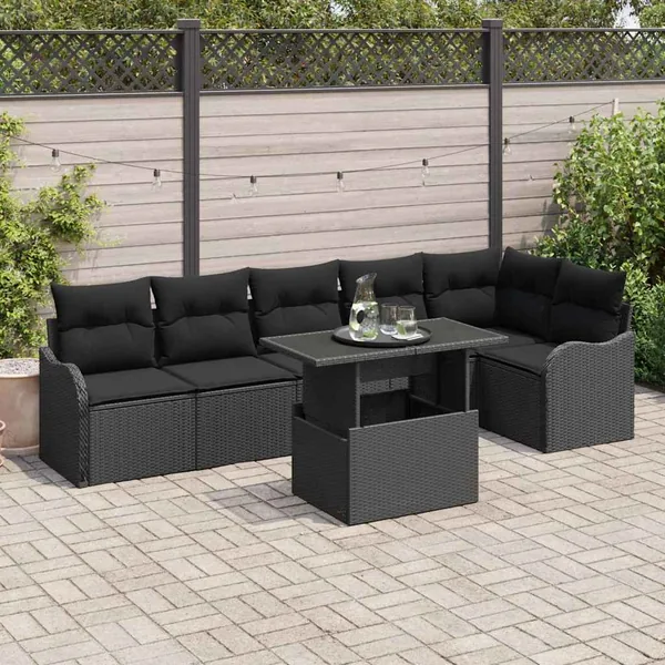 Ensemble de canapé de jardin 7 pcs Noir Poly Rattan